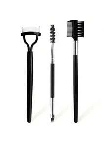 3 Pcs/1 Pc Professional Makeup Tool Set: Stainless Steel Eyebrow And Eyelash Comb, Silicone Mascara Brush And Separator - Fashionable Black Design Suitable For All Skin Types - Black - View 6