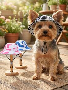 PETSIN 1 pieza Sombrero de cubo para mascotas - Diseño con orejas expuestas, ajustable, sombrero protector solar para gatos y perros, adecuado para mascotas pequeñas/medianas/grandes, diseño de estampado de vaca, accesorio de ropa para cachorros y gatitos, accesorio fotográfico - Multicolor - Ver 4