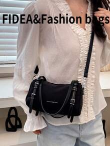 Bolso de hombro de mujer de moda, bolso de mano y bandolera minimalista de unicolor con decoración de hebilla, bolso de alta calidad con diseño único tipo Boston, adecuado para ir al trabajo, compras y uso diario - Negro - Ver 8
