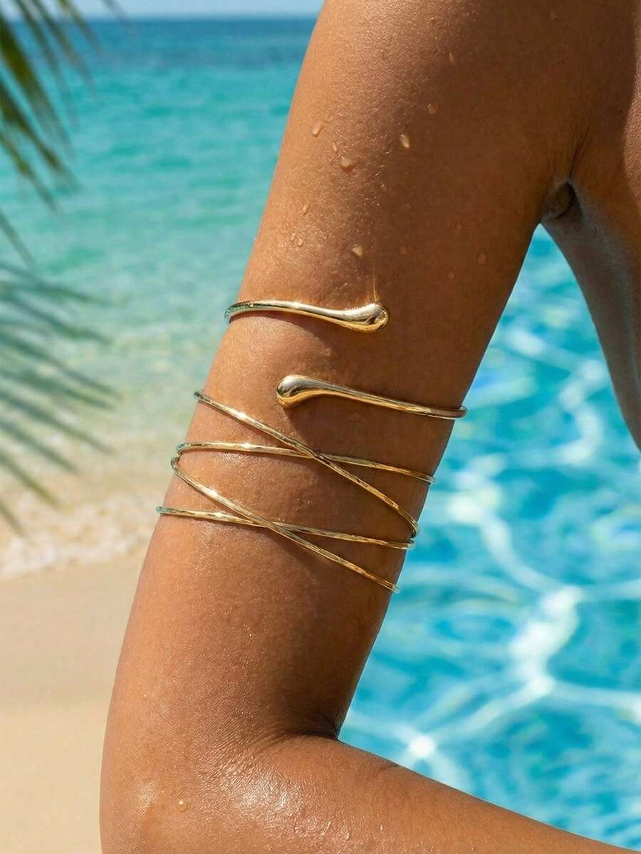 2件套奢华小众水滴交叉设计开口手镯，金属臂环，女士款，适合派对、节日、送礼、日常佩戴 - 金色 - 查看 1