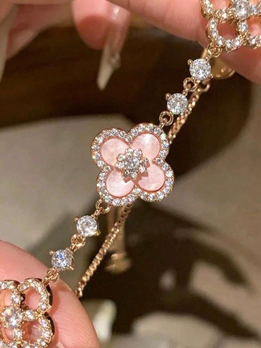 1pc Zirconia Hollow Flower Adjustable Bracelet, Pink Sweet Elegant, Suitable For Girl - Pink - View 1
