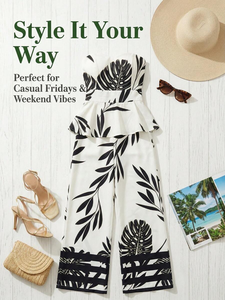 Mono de verano para mujer para festivales y playa - Top tipo bralette estampado de hojas en blanco y negro sin tirantes con mono ancho de pierna ancha asimétrico y fluido, elegante para vacaciones - Blanco - Ver 1