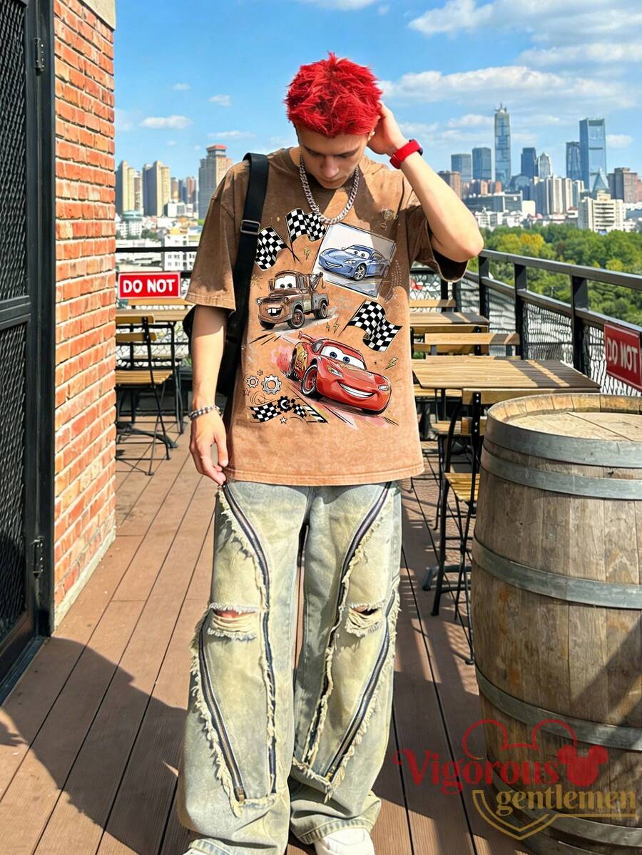 Summer Travel Short Sleeve T-Shirt, Disney Cars Lightning McQueen Racing Collection Print Casual T-Shirt - 咖啡棕 - 查看 1
