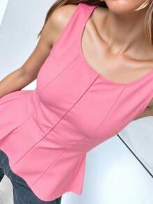 1 pieza Blusa con volante en el bajo de tela de punto de unicolor, uso casual de verano en color negro - Rosa 3 - Ver 3