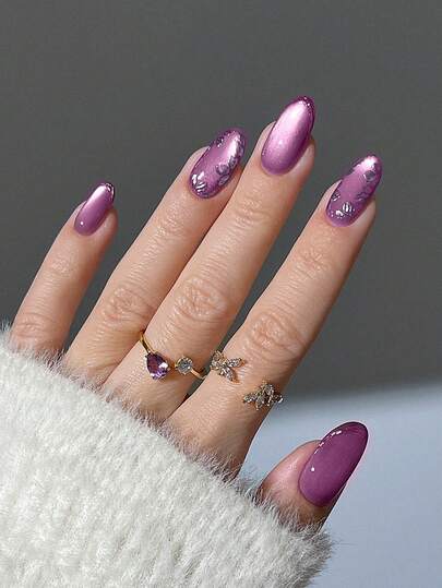 10片杏紫色猫眼款假指甲，亚克力美甲贴纸，适用于美甲沙龙、日常佩戴、派对，是送给女性和女孩的理想礼物。完美的假指甲套装，美甲用品，女士夏季配饰，旅行必备。