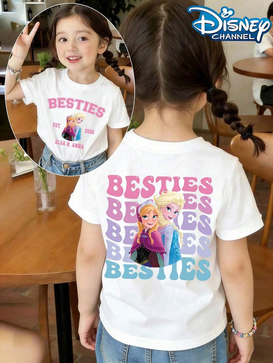 Disney's Frozen, BESTIES - ELSA & ANNA Best Friends' Uniform, Gradient Overlay BESTIES, Elsa And Anna Together, Sweet And Adorable Print Pattern Summer Tops,Short-Sleeved Casual And Cute Style  Children's Clothing Design, Girl Clothes,Boy Kids Clothes ,Ropa Para Niños,Teen Girls Clothes, Summer Clothes,Boys Summer Outfits,Boys Clothes,Perfect For Cool Girls. Comfortable And Breathable Children's Short-Sleeved T-Shirt. Comfortable And Casual Wear All Year Children's Clothes,Comfortable & Lightweight, Iconic Print For Mix-And-Match Outfits,Suitable For Both Boys And Girls. - 白色 - 查看 1