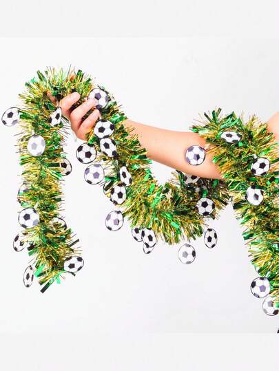 Soccer Tinsel Garland With Football Pendants, Green Gold Metallic Foil Fringe Garland, World Cup Sports Themed Party Decorations For Game Day, Birthday, Bar, Home, Classroom Decor