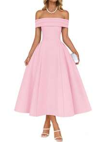 ZESICA Summer 2026 Cocktail Dresses For Women's Off Shoulder Short Sleeve Swing A Line Wedding Evening Party Midi Dress - Hồng - Xem 1