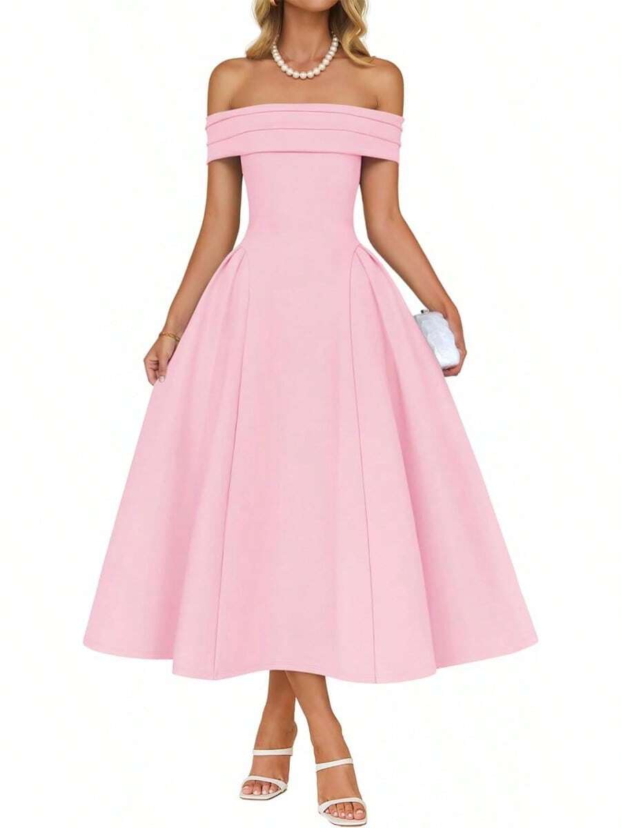 ZESICA Summer 2026 Cocktail Dresses For Women's Off Shoulder Short Sleeve Swing A Line Wedding Evening Party Midi Dress - Hồng - Xem 1