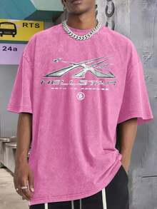 Men's Printed Pattern Washed T-Shirt - Casual Loose Summer T-Shirt With Star And Flame Design, Adult Brown 100% Pure Cotton Round Neck Shirt, Breathable T-Shirt|   Avant-Garde Casual Wear|   100% Pure Cotton Printed T-Shirt - 玫紅色 - 查看 2