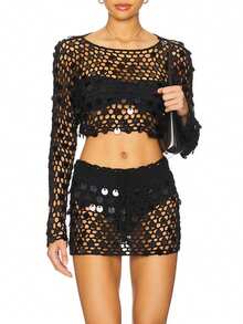 Womens 2 Piece Swimsuit Crochet Cover Up Short Sleeve Sheer Mesh Crop Top Tie Front Skirt Sets Summer Beach Vacation Outfit - 黑色 - 查看 7