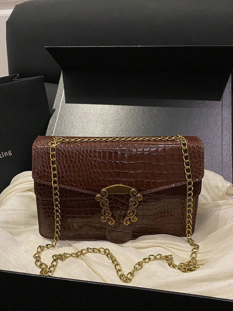 New Fashionable Chic High-Capacity Dionysus Bag, Niche Textured Crocodile Embossed Chain Shoulder & Crossbody Bag - Coffee - View 1