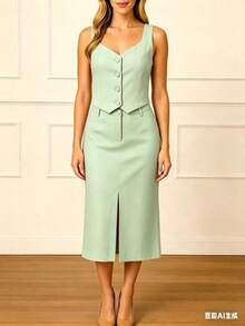 Women's Premium Tailored Vest And Midi Skirt Set - Versatile For Work And Events - Bean Green - View 2