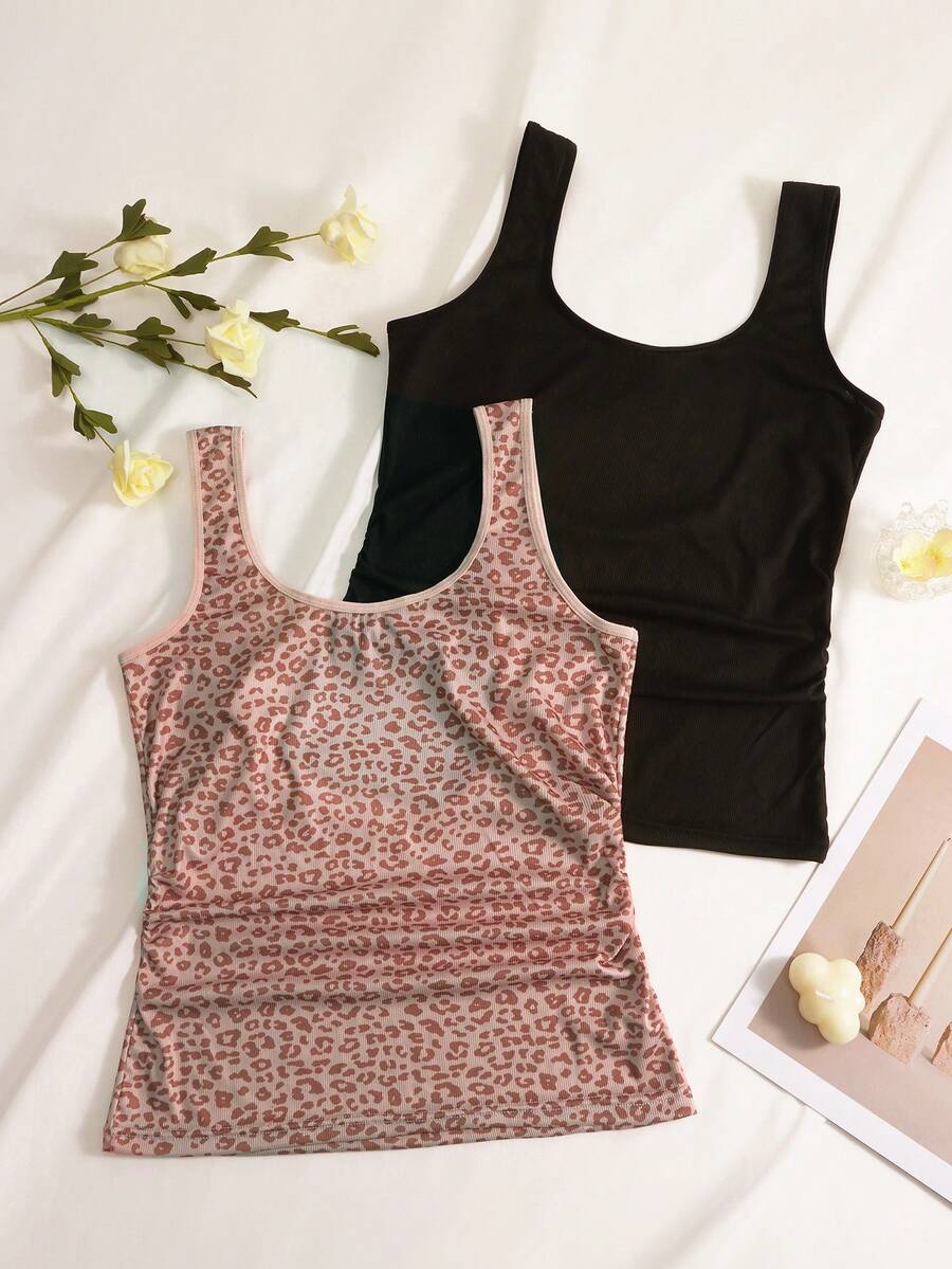 2pcs Women Leopard Print & Solid Color Elastic Rib Knit Camisole, Round Neck Sleeveless Tank Top, Casual Basic Vest - Multicolor - View 1