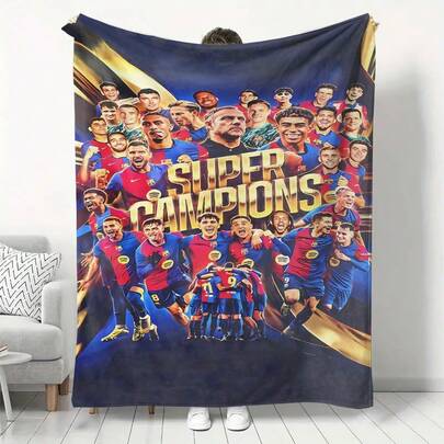 1pc Barcelona Style Player Pattern Wool Blanket - Lightweight, Durable, Wrinkle-Resistant Flannel Blanket With Vibrant Blue And Yellow Team Spirit Design, Perfect For Bedroom And Dormitory Decor