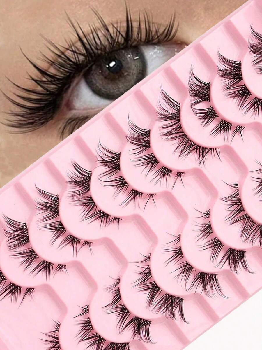 10对斜角飞扬D型卷翘蓬松假睫毛，DIY，仿貂毛质感，浓密自然，适合动漫、日常妆容，透明睫毛梗，猫眼造型 - 查看 1