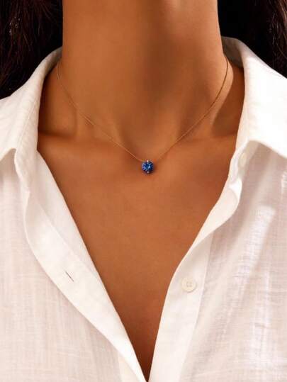 1 pièce Collier pendentif en métal minimaliste à la mode avec pierre de zircone bleue ronde, convient pour le port quotidien, les trajets, les rassemblements décontractés, les achats, cadeau parfait