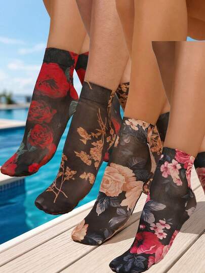 4 pares de calcetines cortos con estampado floral para mujer