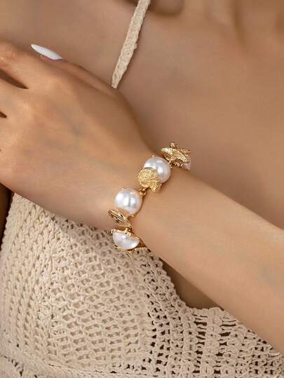 1 chiếc vòng tay thời trang mùa hè dành cho nữ, vòng tay ngọc trai giả với mặt dây chuyền hình sinh vật biển, trang sức phong cách Boho biển cả.