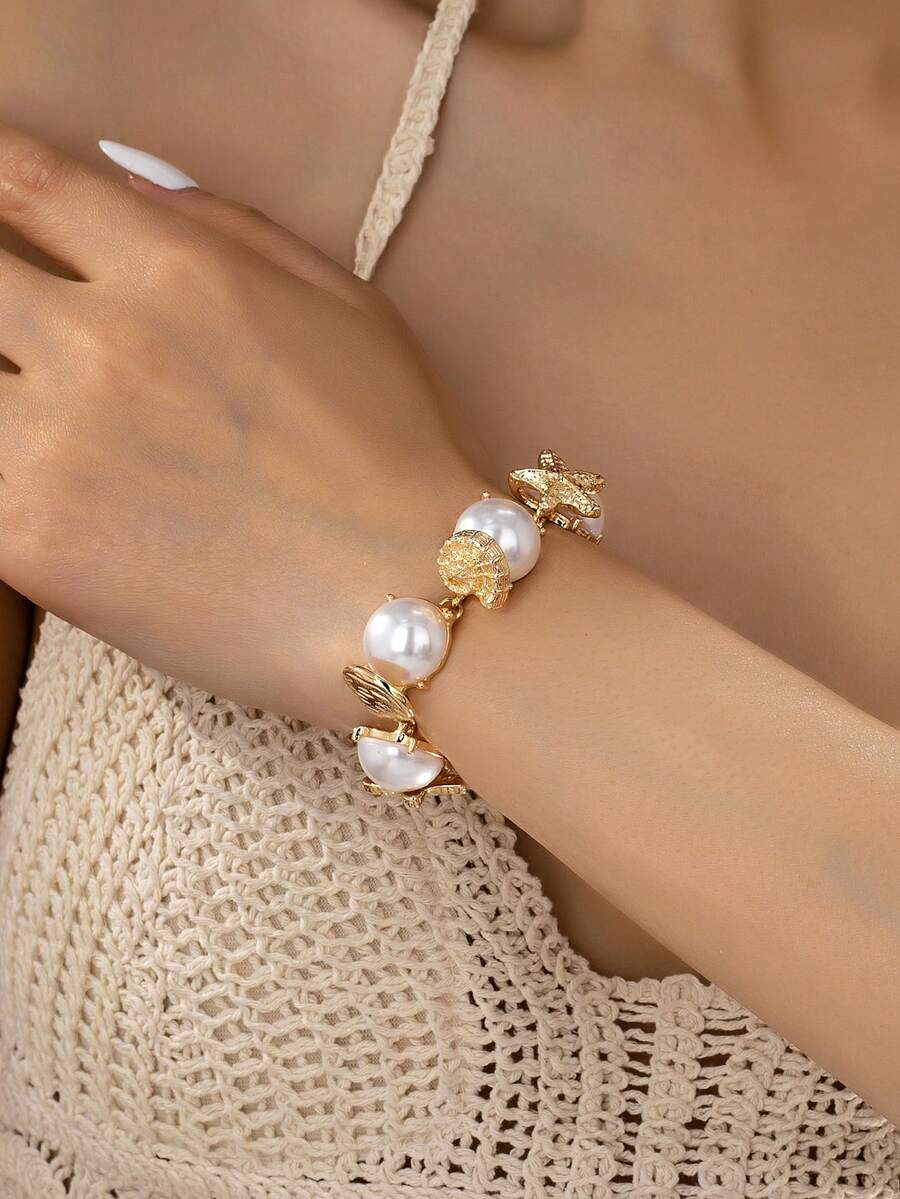 1 chiếc vòng tay thời trang mùa hè dành cho nữ, vòng tay ngọc trai giả với mặt dây chuyền hình sinh vật biển, trang sức phong cách Boho biển cả. - Vòng tay chuỗi ngọc trai giả - Xem 1