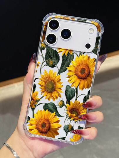 1pc Sunflower Pattern Design Phone Case | Transparent Four-Corner Anti-Fall Protective Phone Cover - Compatible With IPhone 17 Pro/17 Pro Max/17/16/16 Pro/16 Plus/16Pro Max/15Pro Max/14Pro Max, Suitable As Gift For Friends And Personal Use