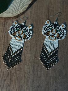 手工虎头流苏耳环，女士时尚长款玻璃珠吊坠耳环，串珠波西米亚风百搭配饰 - 老虎 - 查看 10