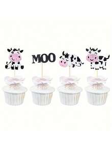 12pcs/Set Mini Cow Cake Toppers, Farm Cow Moo Cake Decorations, Islamic Eid Festival, Birthday Party, Baking Cupcake Picks - Multiple Styles - View 2