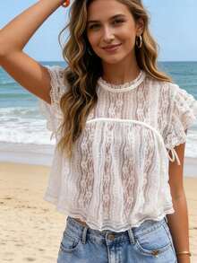 Womens Lace Babydoll Tank Tops Loose Ruffle Sleeve Pleated Peplum Shirts Summer - 白色 - 查看 5