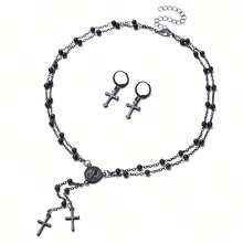 3 Pieces Of Minimalist Punk Style Alloy Multi-Layer Necklaces, Cross Necklaces, Earrings, Jesus Necklaces, Ear Studs, Religious Accessories. Jewelry Set. Suitable For Daily Commuting, Vacation, Party And Banquet Wear. As A Gift.,Summer,Jewellery,Festival,Accsesories - Black - View 5