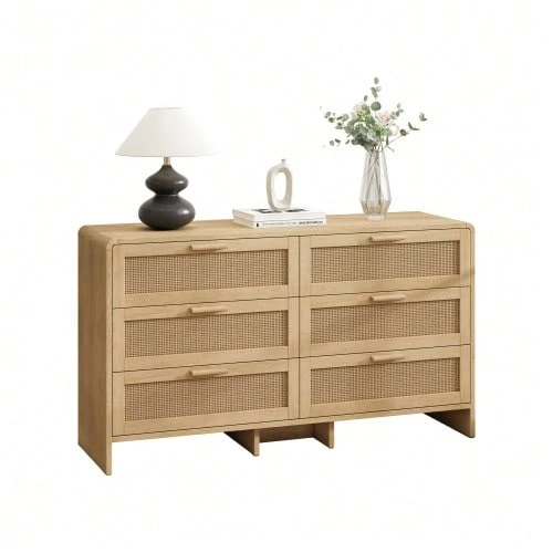 130 Cm Long, Arched Corner Rattan Cabinet With 6 Drawers, Suitable For Living Room, Bedroom And Kitchen, Natural - 駝色 - 查看 1