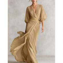 2026 Spring/Summer New European And American Socialite Style Deep V-Neck Shoulder Length Lantern Sleeves Cinched Waist Long Dress Elegant Temperament Banquet Evening Dress Slimming And Slimming Party Dress - 米白色 - 查看 4