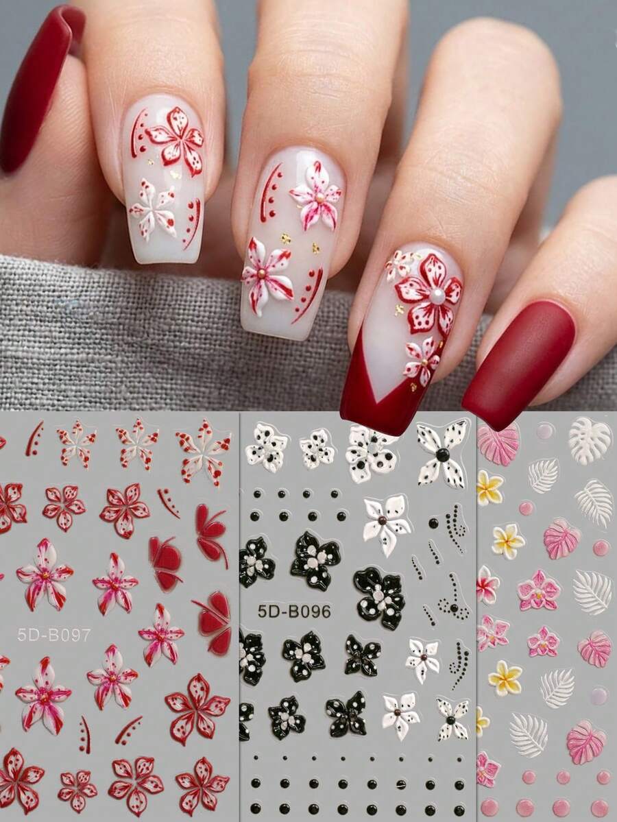 3pcs Tropical Island Style 5D Embossed Nail Stickers - Summer Hibiscus, Lace, Textured Pattern Nail Art Decals - For Spring/Summer, Music Festivals, Vacations, Weddings