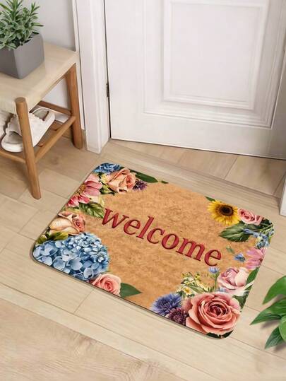 1pc Colorful Floral Anti-Slip Bathroom Mat, "Welcome" Letter Doormat, Soft Absorbent Non-Slip Decorative Carpet, Foldable For Easy Storage, Suitable For Entryway, Bathroom, Kitchen, Laundry Room, Bedroom, Living Room, Party & Holiday Gift, All Season