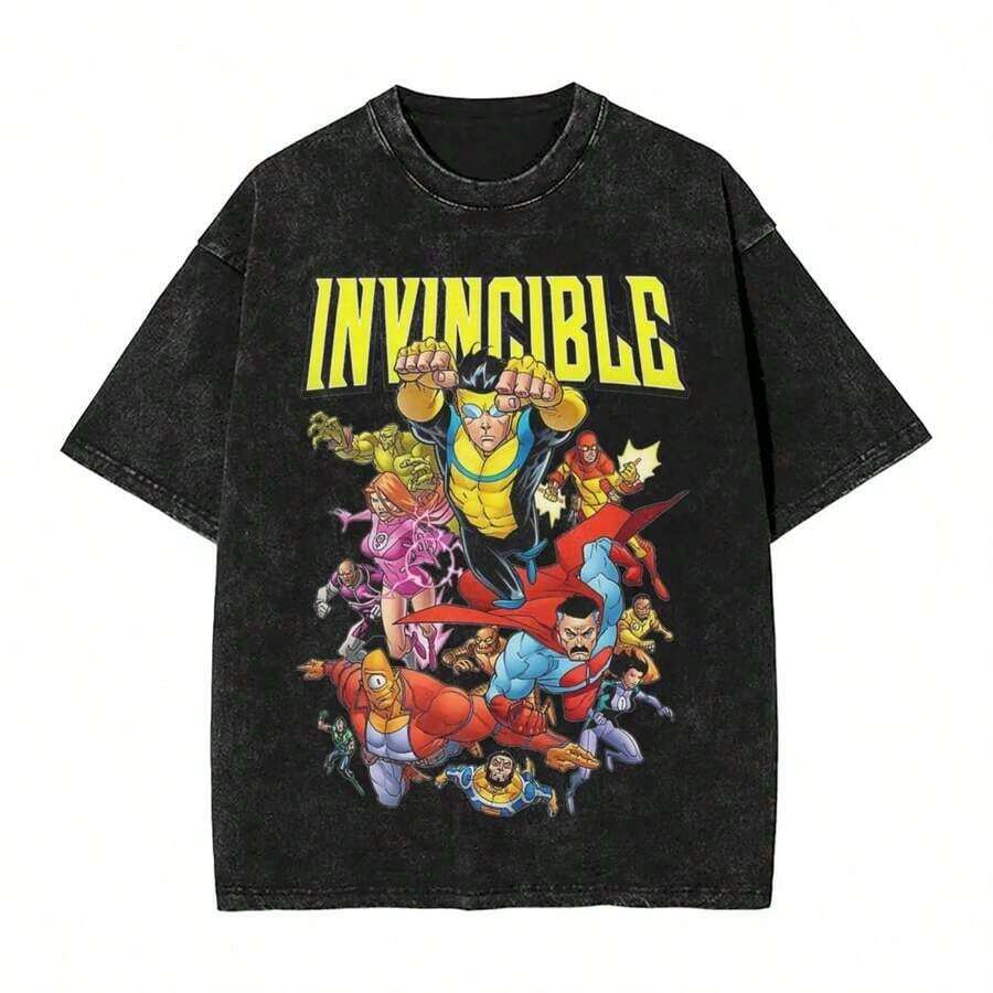Washed T Shirt Invincible Omni Man Hip Hop Fashion T-Shirt Oversize Streetwear Short Sleeve Graphic Printed Tops Tees Men Womensummer Outfits For Women100 Percent Cotton Anime Shirt Vintage T Shirts - 黑色 5 - 查看 1