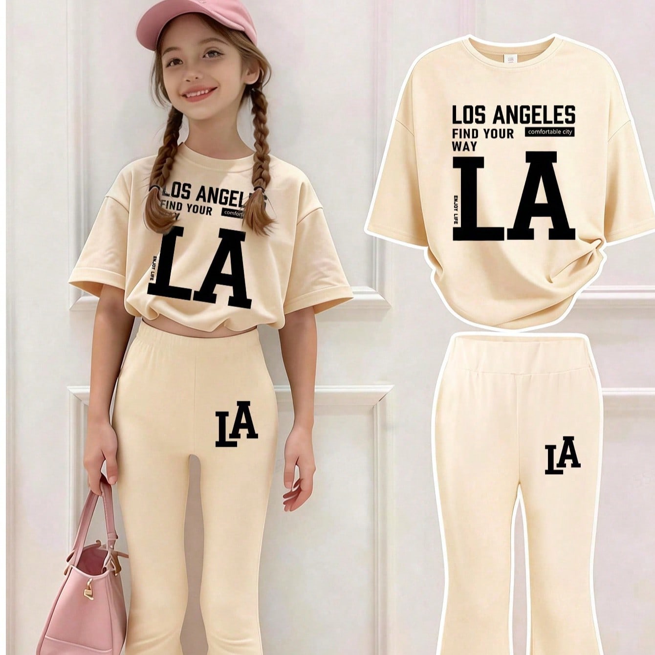Este conjunto casual incluye 1 camiseta de cuello redondo color albaricoque y 1 pantalón acampanado color albaricoque, diseñado para niños mayores.
