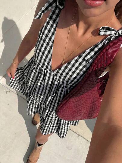 2026 New HoloChill Women's Casual Colorblock Plaid Sleeveless Camisole Mini Dress, V-Neck Bow Tie Bowknot Girl's Summer Dress, Elegant Party Dress, Beach Dress, Wedding Guest Dress, Birthday Dress, Vacation Dress