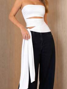 Elegant Brown Strapless Cropped Top In Suplex With Sexy Cutouts And Tie Detail –  Women's Fashion Top 2026 - 白色 - 查看 5