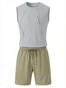 2pcs/Set Men's Casual Outdoor Sports Suit, Includes Sleeveless Top And Shorts, Training Fitness Running Sportswear Set - Khaki - View 8