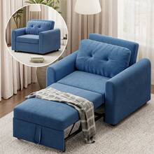 3 In 1 Convertible Single Sofa Bed With Adjustable Backrest, Pull Out Linen Single Sleeper Chair Bed With Pockets For Living Room, Micro Suede Fabric, Blue - Azul - Individual - Ver 12