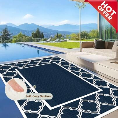 Washable Outdoor Patio Rugs, Multiple Sizes Available, Velvet Rectangular Large Indoor Outdoor Area Rug, Non-Shedding Waterproof Stain Resistant Easy Clean, Classic Moroccan Trellis Navy Blue White Soft Carpet For Deck Porch Bedroom Kitchen Bathroom RV Hallway Garden, Home Decor Rug For Living Room