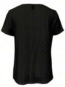 Blusa de manga corta con pliegues en la parte delantera, cuello cuadrado bordado, talla grande, ropa de mujer de primavera/verano, color negro - Negro - Ver 2