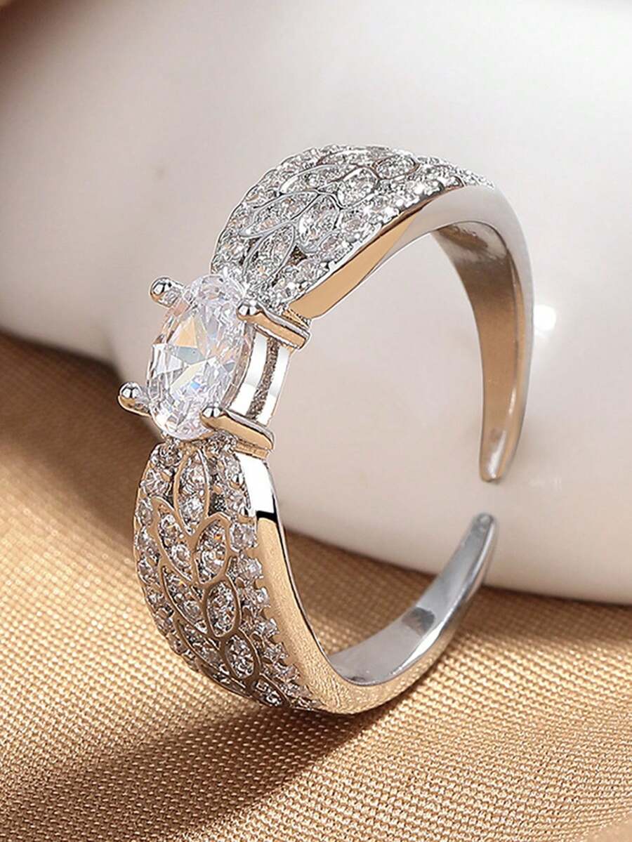 1枚全镶锆石四爪戒指，小众设计奢华橄榄枝开口戒指，女士结婚首饰 - 滿鑽四爪戒指 - 查看 1