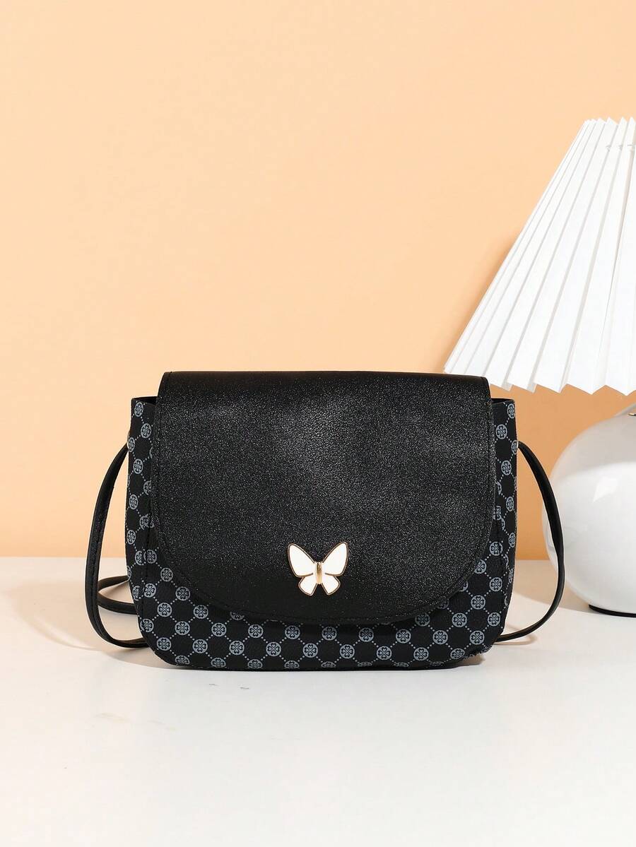 Mini Butterfly Print Decorated Metal Crossbody Shell Bag - Black - View 1