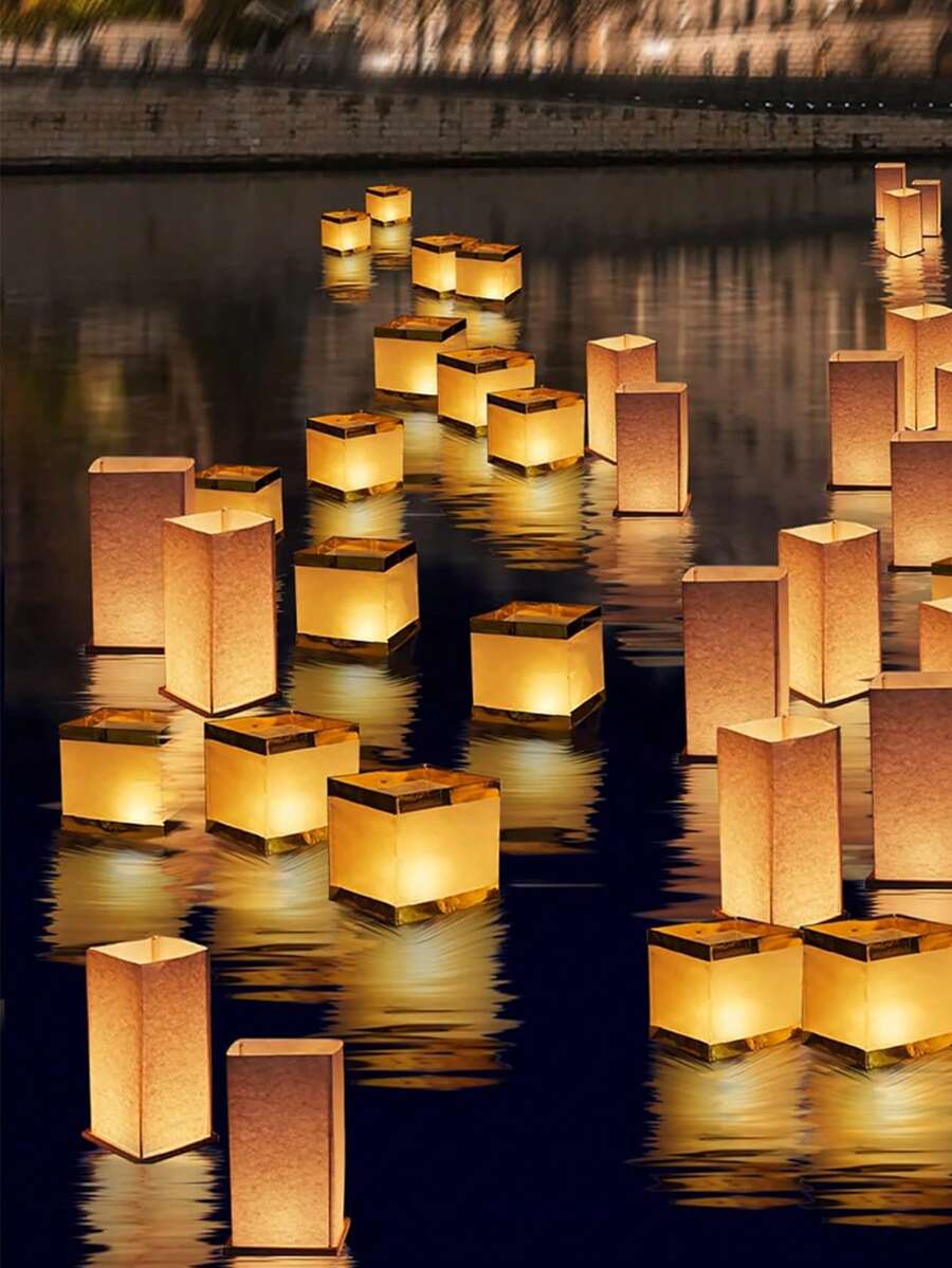 Đèn lồng giấy nổi, đèn lồng nến hình vuông màu vàng trắng, đèn trang trí ngoài trời cho đám cưới, sân vườn, hồ bơi (không bao gồm nến) - Đèn lồng vuông - Xem 1