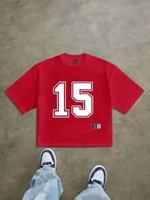Street Style Loose Cropped 15 Number Colorblock Print Jersey T-Shirt, Suitable For Summer-Comfortable Cotton Vintage Street - Style Washed T - Shirt Top - Red - View 10