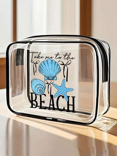 字母印花“带我去海滩”PVC防水沙滩包，饰有贝壳和海星图案，PVC化妆包，PVC旅行收纳包，带拉链 - 轻便、不易褪色的化妆洗漱包，男女通用，符合TSA标准，便携式化妆箱，易于擦拭，是送给母亲、老师、朋友、护士的理想之选，也是学校和度假旅行的必备洗漱包，母亲节礼物，夏季必备