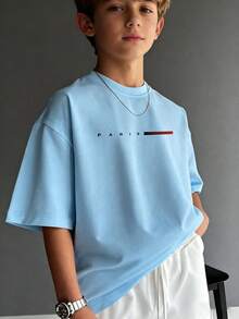 Tween Boys' Casual Navy Blue Round Neck Printed Short Sleeve T-Shirt, Summer Top - Baby Blue - View 8