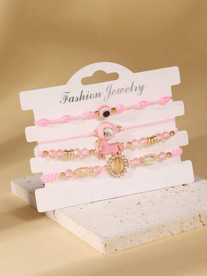 4Pcs/Set Pink Evil Eye & Unicorn Charm Bracelet Set For Women, Adjustable Beaded Braided Bangles, Fashion Jewelry For Daily Wear Party Gift