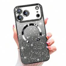 Hadaasi 1pc Black Electroplated Magnetic Gradient Rhinestone Paper Brushed Space Case With Built-In Lens Protector Film, 2-In-1 Ultra-Thin Phone Case Compatible With Apple 17E/17Pro/17ProMax/Air/17/16Pro/16ProMax/16Plus/16/15Pro/15ProMax/15Plus/15/14Pro/14ProMax/14Plus/14/13Pro/13ProMax/13/12Pro/12ProMax/12/11ProMax/11/11Pro - Black - View 3