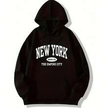 NEW YORK Pattern Hooded Sweatshirt Soft Drawstring Top Long Sleeves Jogging Fleece Fall Winter Pullover Sports Casual Hoodies - màu đen - Xem 1